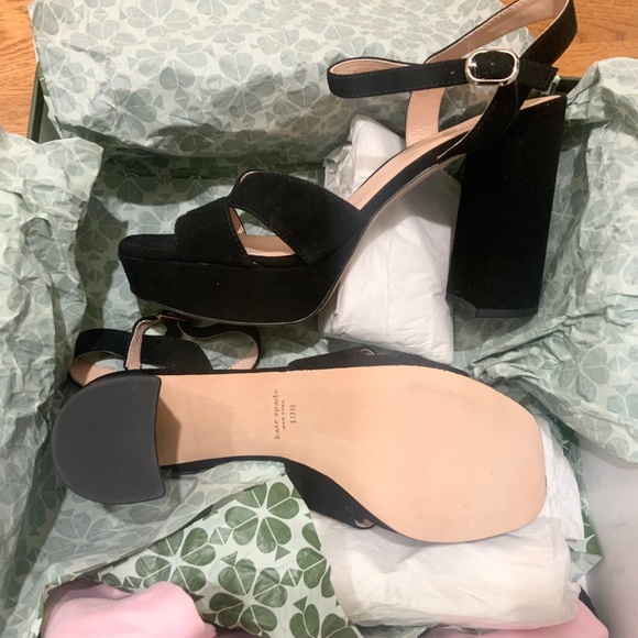 Kate Spade Delight Platform Heel Sandal Black Suede Block Heel Ankle Strap Pumps - Picture 16 of 16